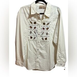 Woolrich Button-Up Embroidered Cotton Top Fall Leaf‎ Motif Sz M